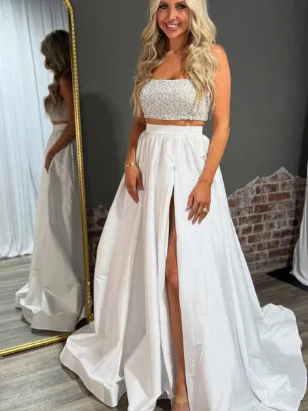 Two Piece Strapless Beaded Sequins Satin White Long Prom Dress With Slit