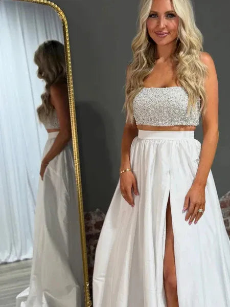 Two Piece Strapless Beaded Sequins Satin White Long Prom Dress With Slit