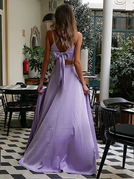 Two Piece V Neck Bow Lavender Maxi Prom Dress With High Slit Hot Sale