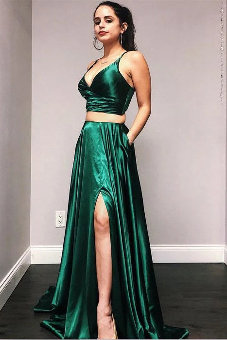 Two Pieces V-Neck Spaghetti Straps Slit Satin Green Long Prom Dress