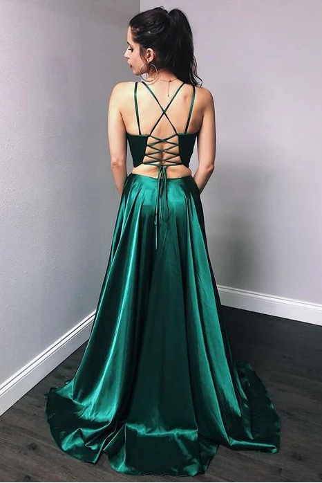 Two Pieces V-Neck Spaghetti Straps Slit Satin Green Long Prom Dress