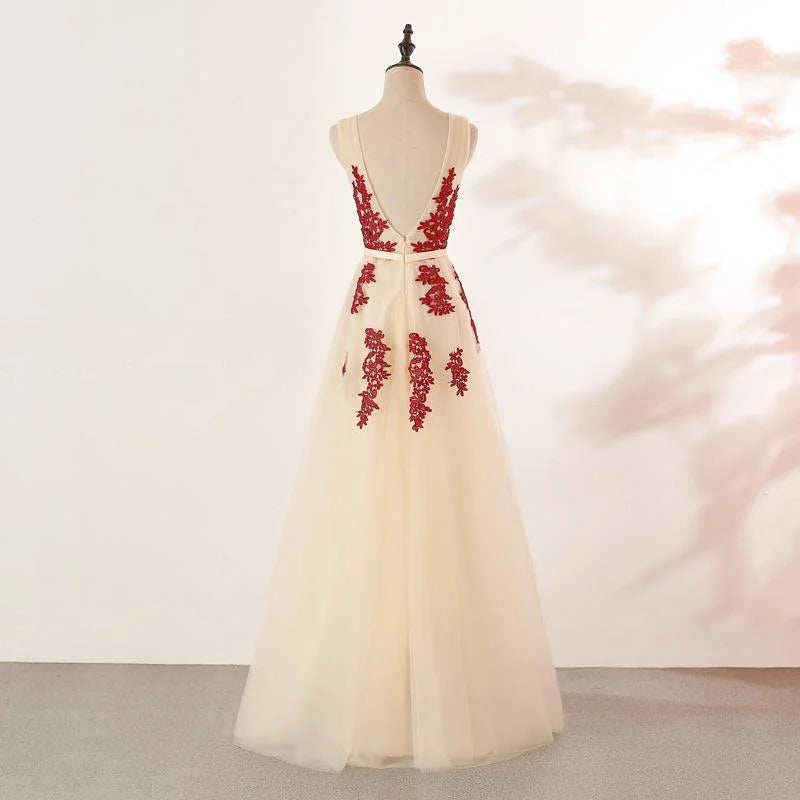 U-Neckline Red Lace Applique Open Back Tulle Ivory Prom Dress