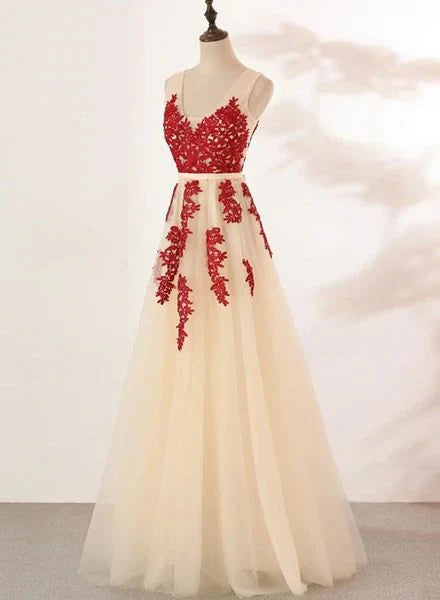 U-Neckline Red Lace Applique Open Back Tulle Ivory Prom Dress