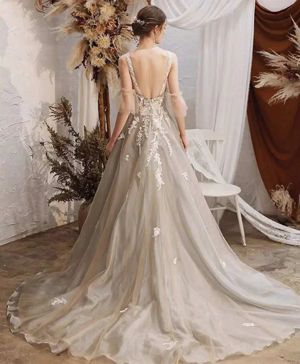 Unique A Line Round Neck Dropped Shoulder Sleeves Tulle Chapel Train Prom Dress
