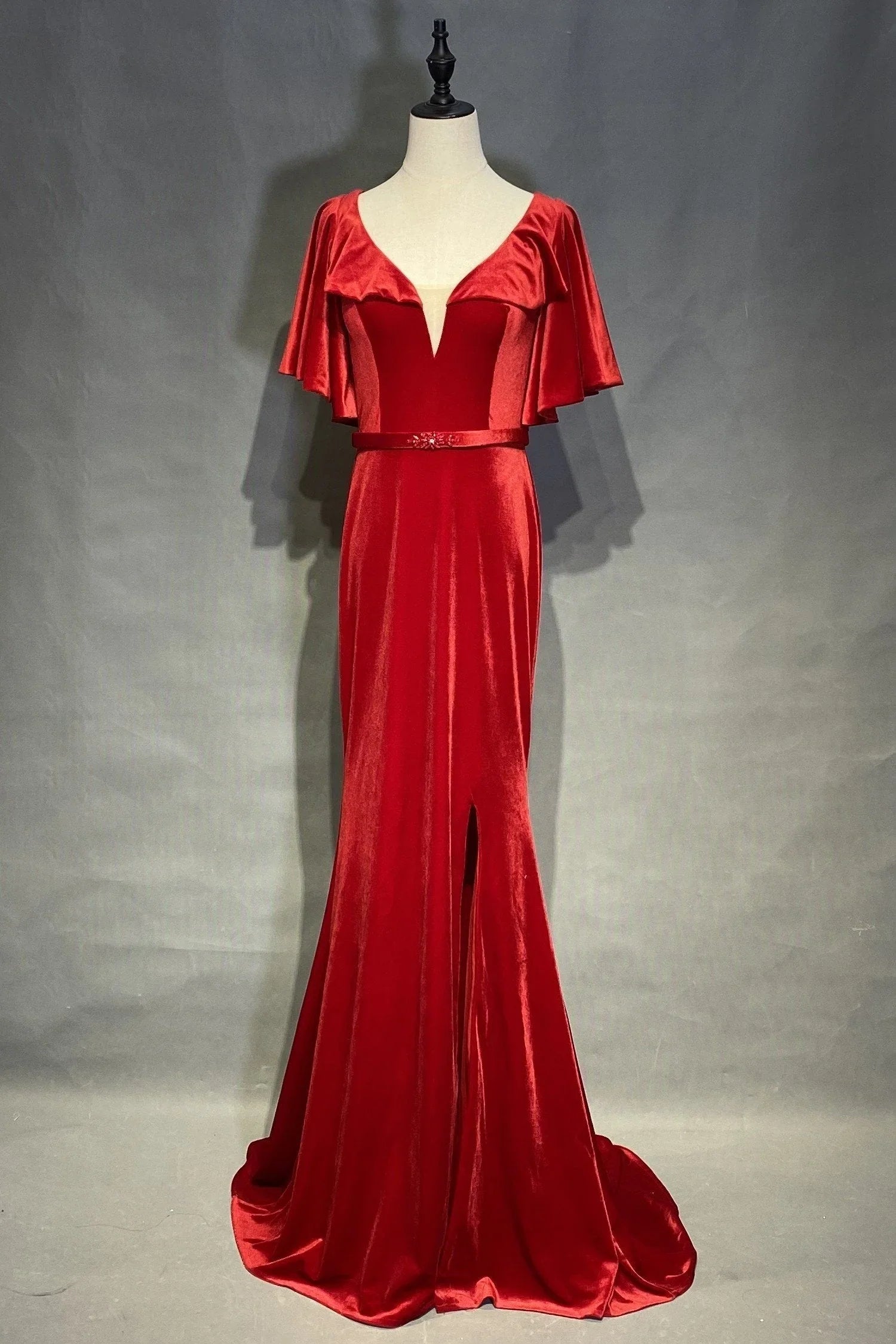 Unique Mermaid V Neck Ruffles Sleeve Backless Sweep/Brush Train Prom Dress