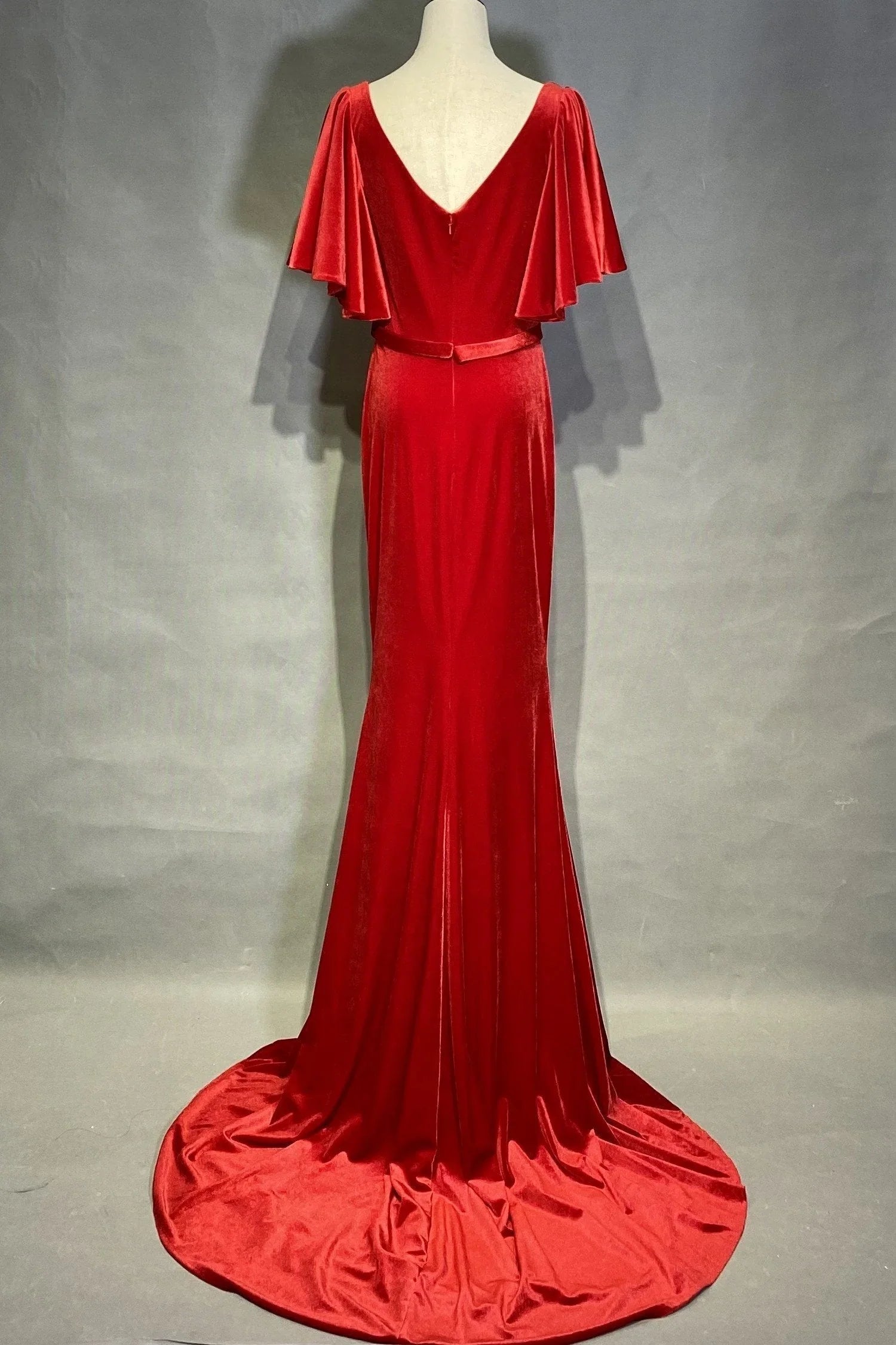 Unique Mermaid V Neck Ruffles Sleeve Backless Sweep/Brush Train Prom Dress