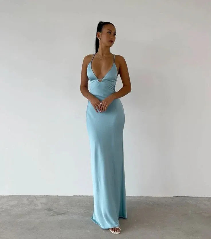 Unique Slim Spaghetti Straps Sleeveless Pleated Satin Ankle-Length Party Dress
