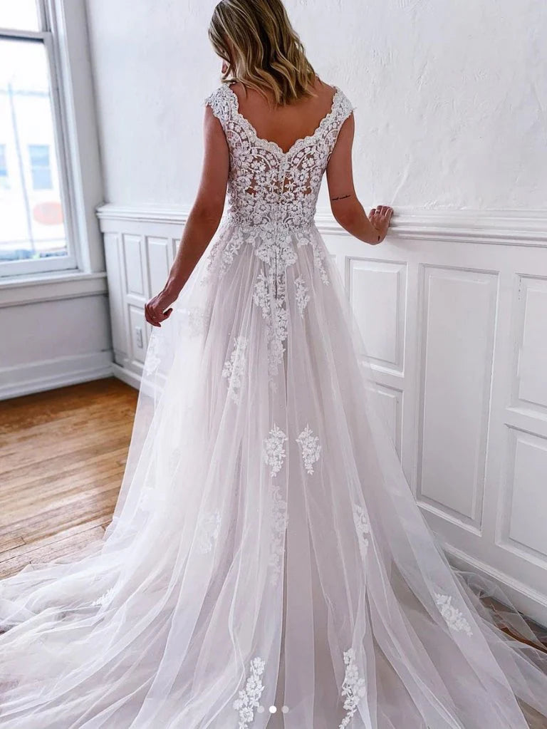 V-Neck Floral Lace Tulle White Prom Dress Wedding Dress With Train