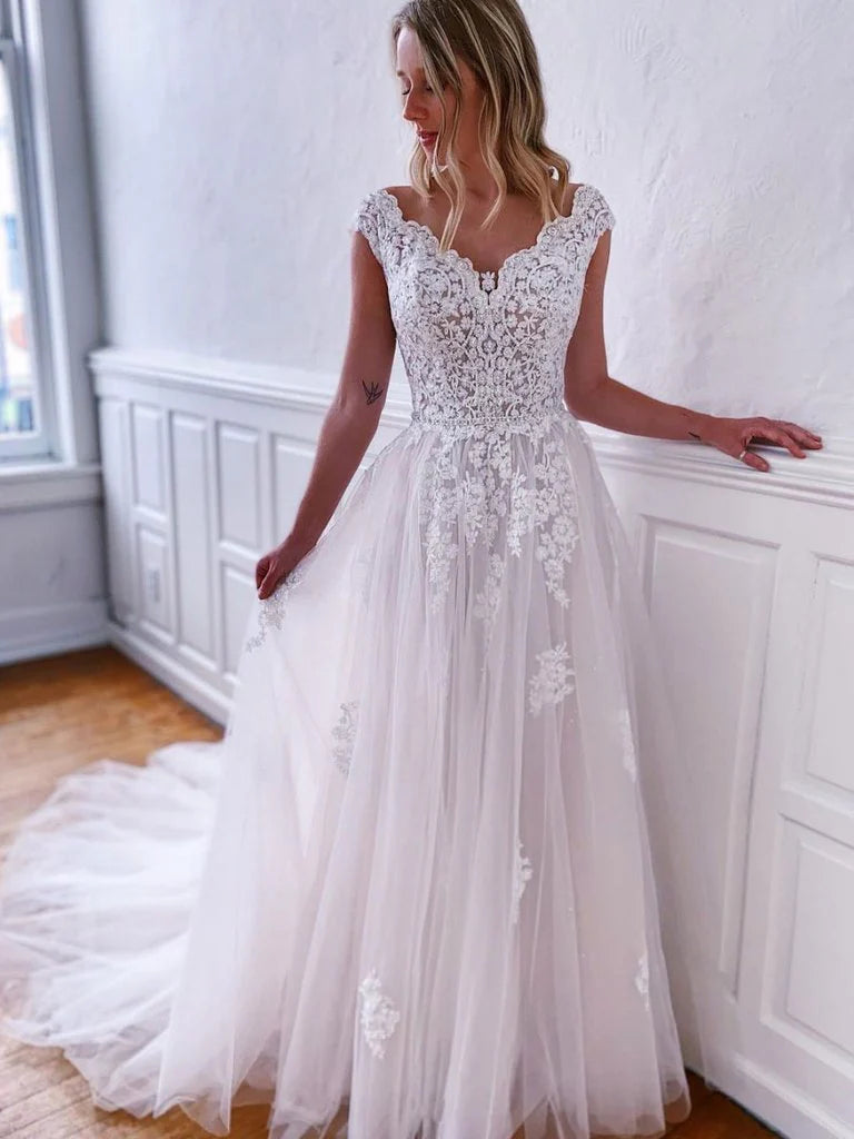 V-Neck Floral Lace Tulle White Prom Dress Wedding Dress With Train