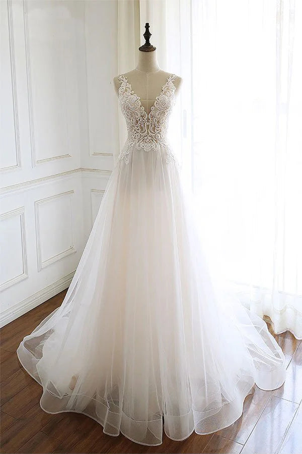 V-Neck Floral Lace Tulle White Long Prom Dress Wedding Dress