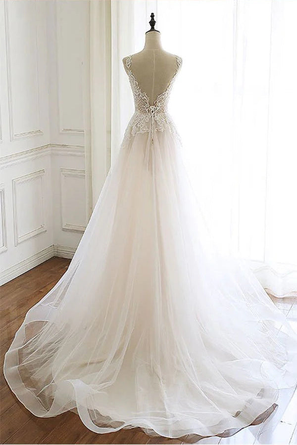 V-Neck Floral Lace Tulle White Long Prom Dress Wedding Dress