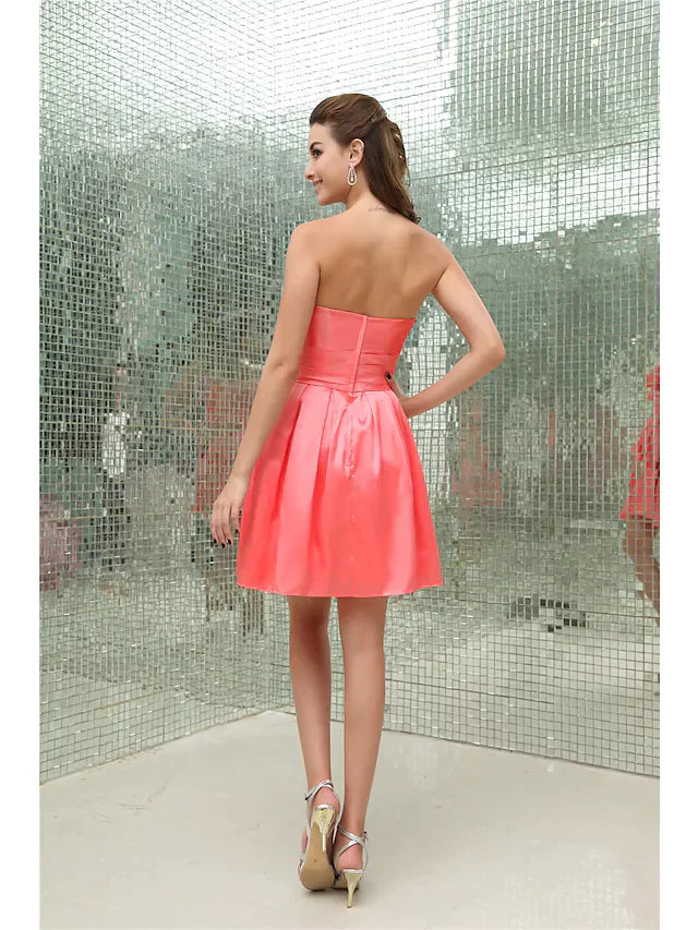 A-Line Elegant Cocktail Party Dress Strapless Sleeveless Short Mini Taffeta with Pleats Beading