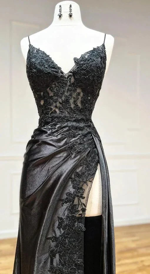 V Neck Applique Slit Lace Satin Black Long Prom Dress Evening Dress