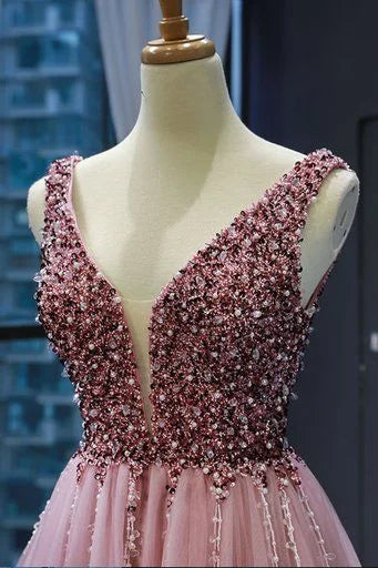 V Neck Beaded Sequins Tulle Pink Prom Dress Evening Gown With Sweep Train