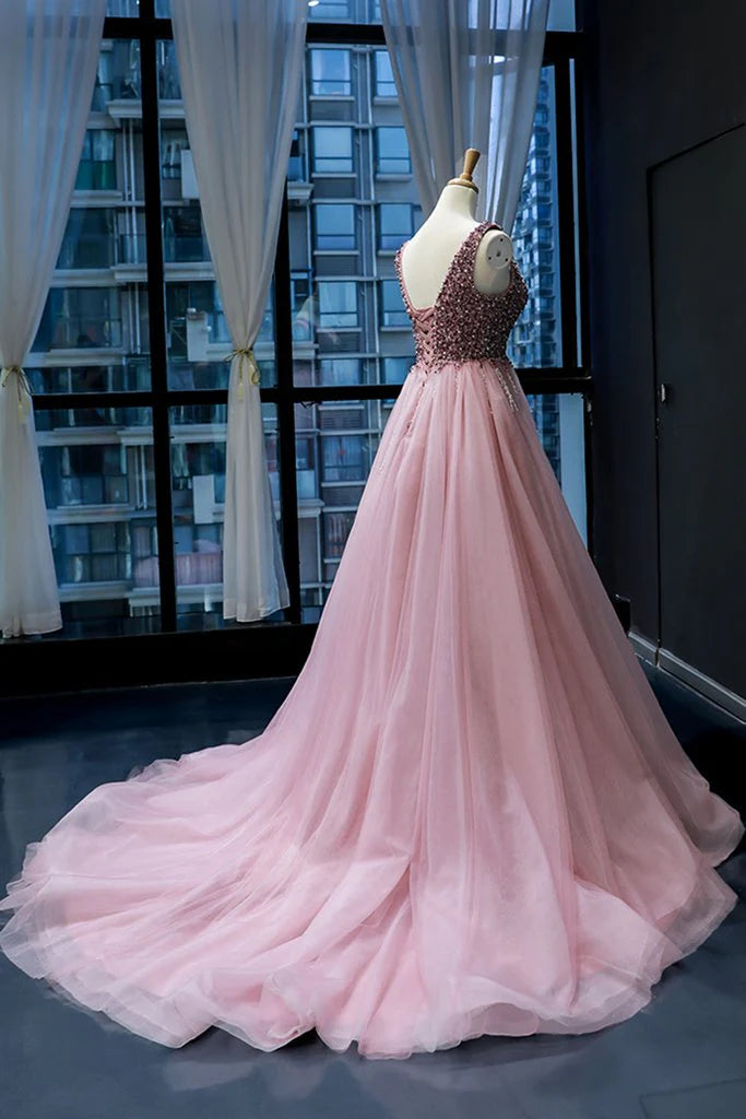 V Neck Beaded Sequins Tulle Pink Prom Dress Evening Gown With Sweep Train