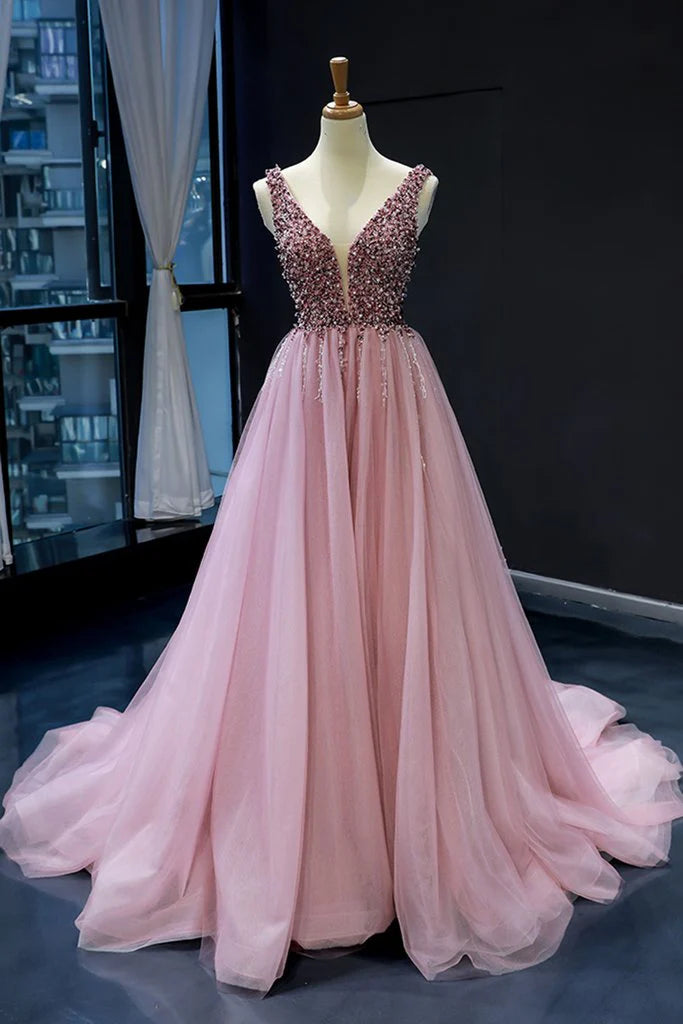 V Neck Beaded Sequins Tulle Pink Prom Dress Evening Gown With Sweep Train
