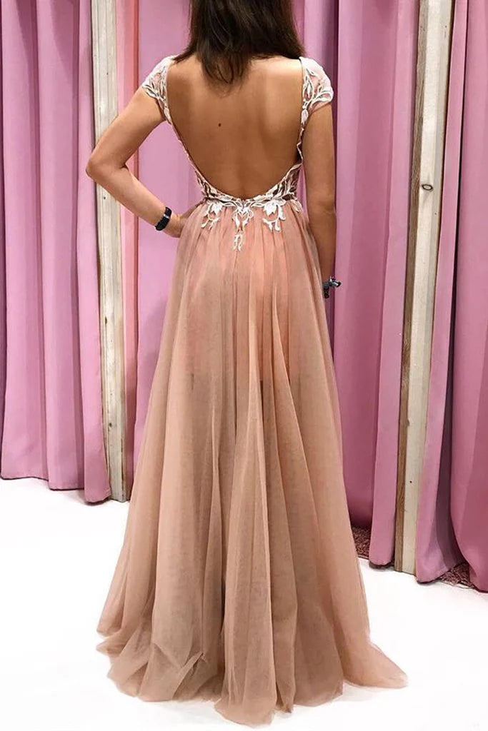 V Neck Cap Sleeves Open Back Tulle Champagne Long Prom Dress