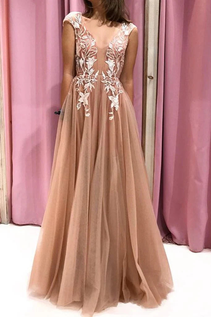 V Neck Cap Sleeves Open Back Tulle Champagne Long Prom Dress