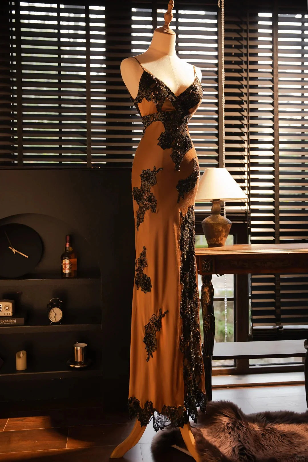 V Neck Lace Applique Open Back Brown Long Evening Dress Prom Dress