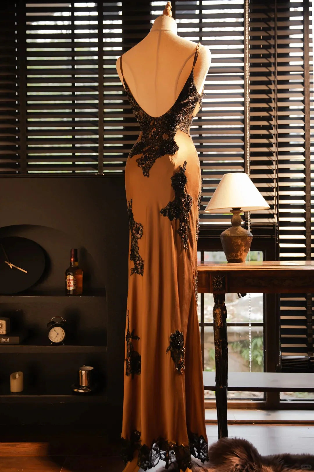 V Neck Lace Applique Open Back Brown Long Evening Dress Prom Dress