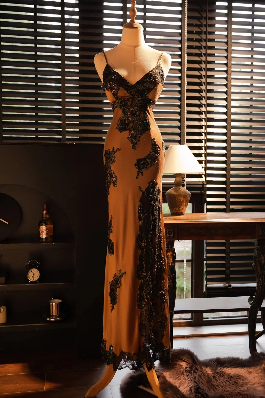 V Neck Lace Applique Open Back Brown Long Evening Dress Prom Dress