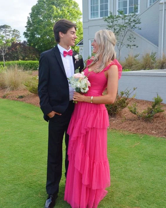 V Neck Layered Tulle Fuchsia Floor Length Prom Dress Evening Dress