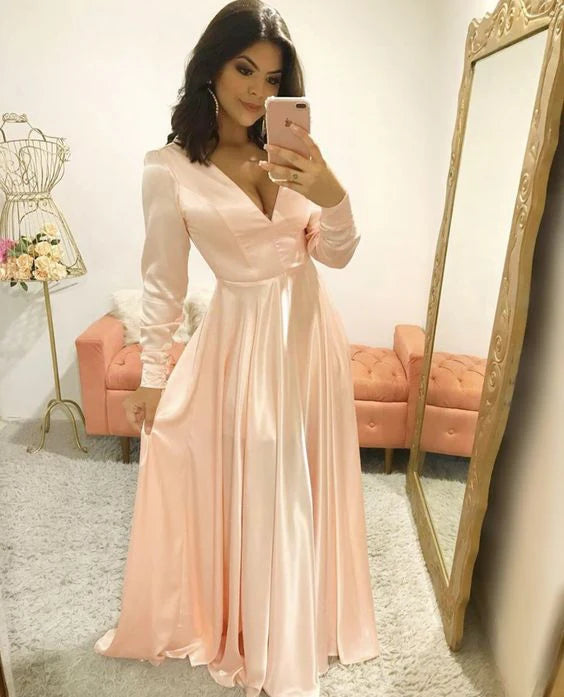 V Neck Long Sleeve Satin Pink Floor Length Evening Dress Prom Dress
