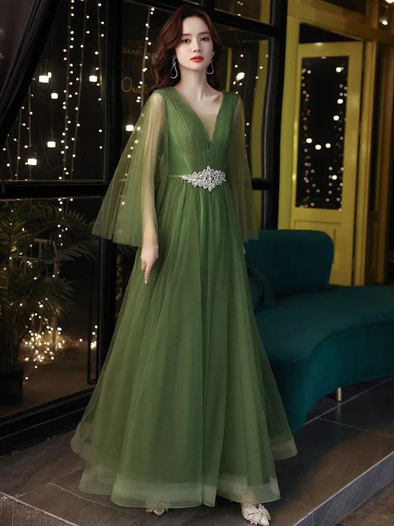 V Neck Long Sleeves Tulle Green Long Evening Dress Prom Dress Custom