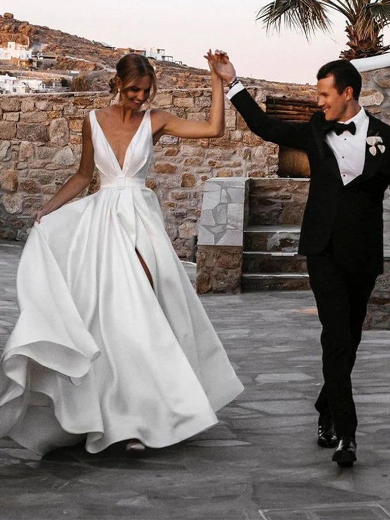 V Neck Open Back High Slit Satin White Long Prom Dress With Belt