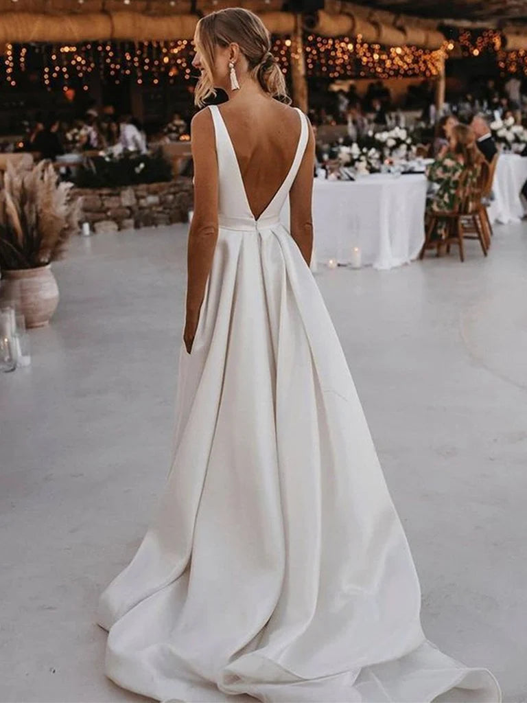V Neck Open Back High Slit Satin White Long Prom Dress With Belt