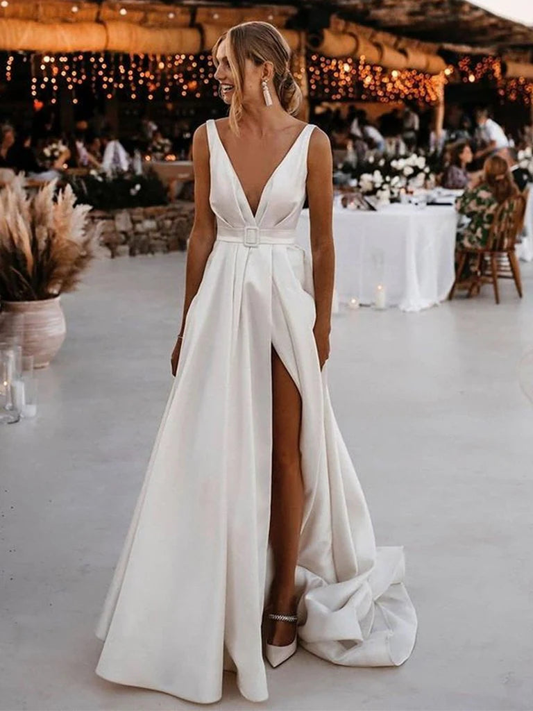 V Neck Open Back High Slit Satin White Long Prom Dress With Belt