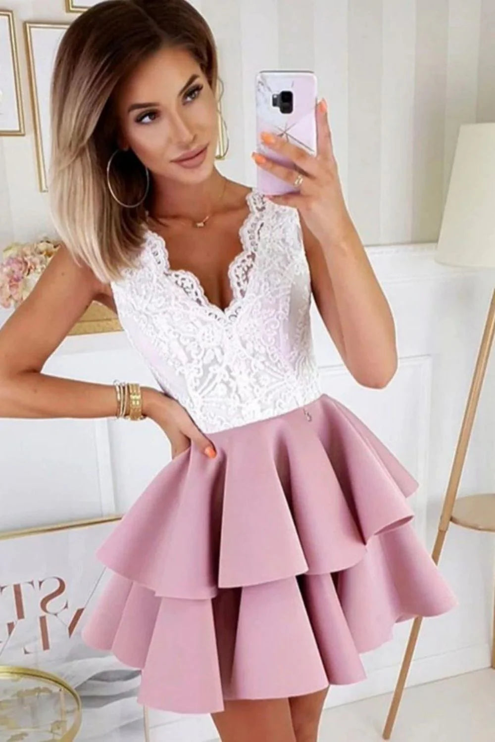 V Neck Ruffle Tiered Lace Top White And Purple Short Homecoming Dress