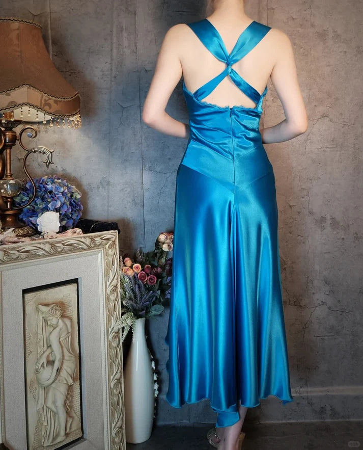 V Neck Satin Open Back Ocean Blue Midi Party Dress With Streamer