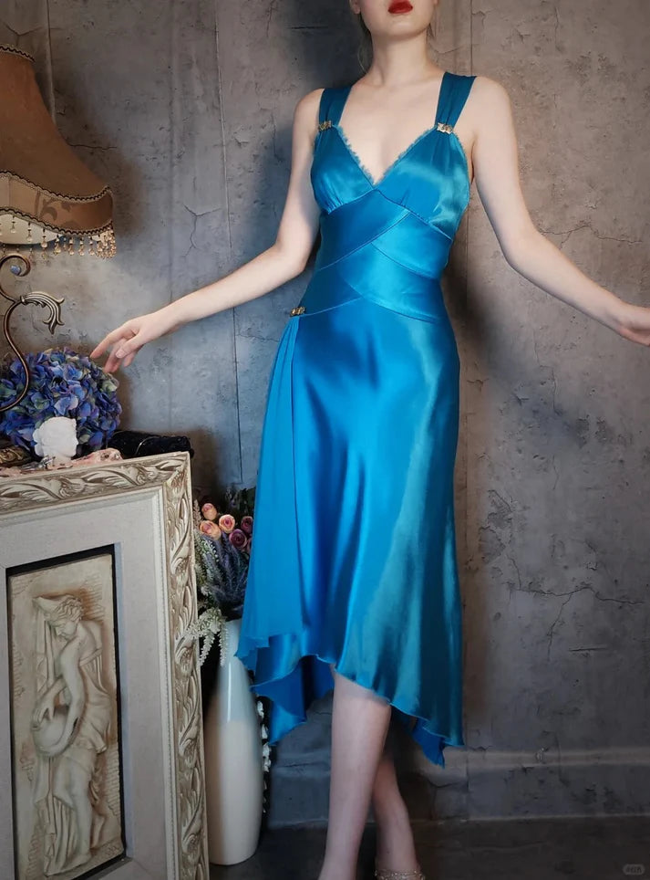 V Neck Satin Open Back Ocean Blue Midi Party Dress With Streamer