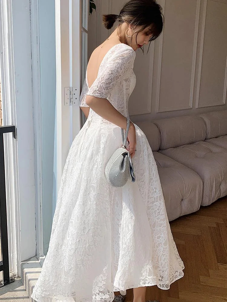 V Neck Short Sleeves Lace White Tea Length Wedding Party Dress Prom Dress