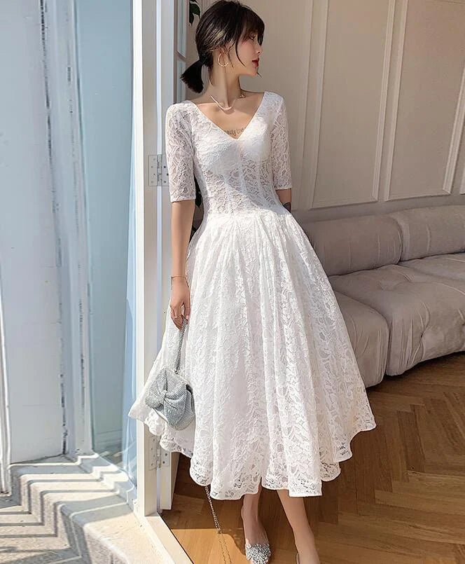 V Neck Short Sleeves Lace White Tea Length Wedding Party Dress Prom Dress