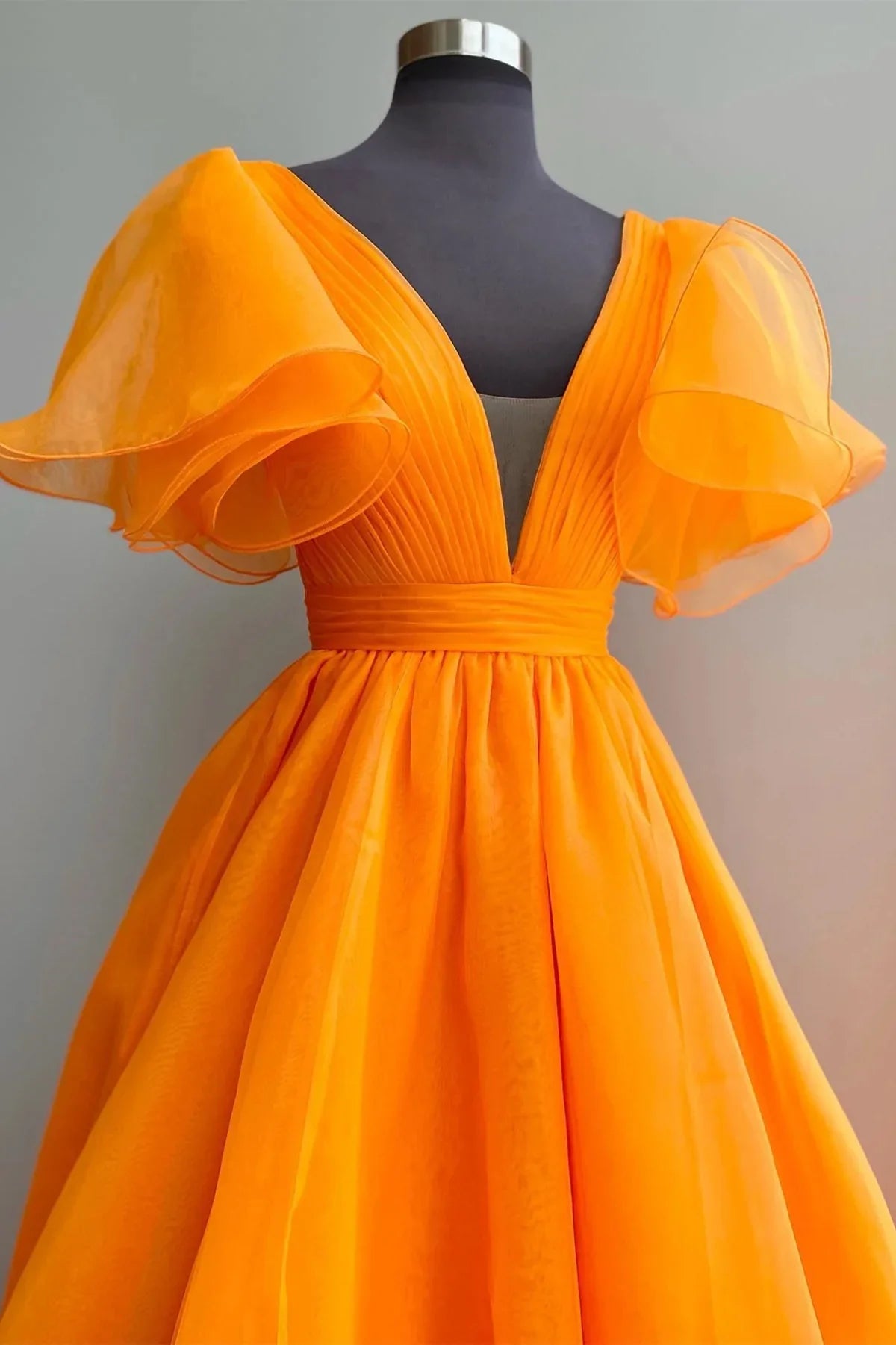 V Neck Short Sleeves Pleated Orange Long Prom Dress Evening Dress