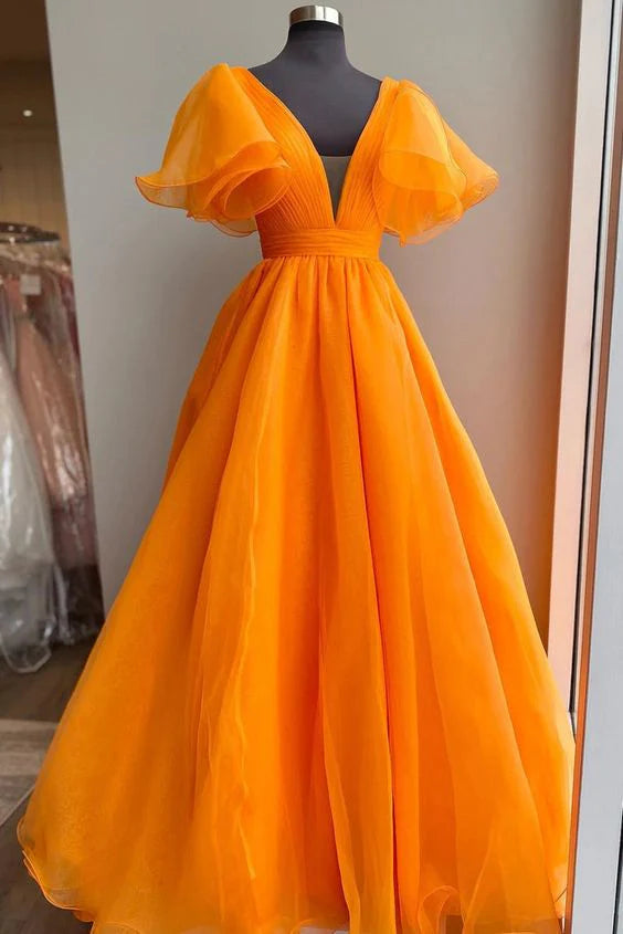 V Neck Short Sleeves Pleated Orange Long Prom Dress Evening Dress