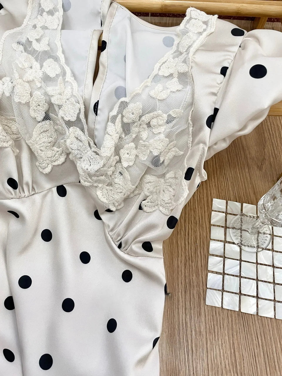 V Neck Short Sleeves Polka Dot Satin Lace Maxi Prom Dress for Women