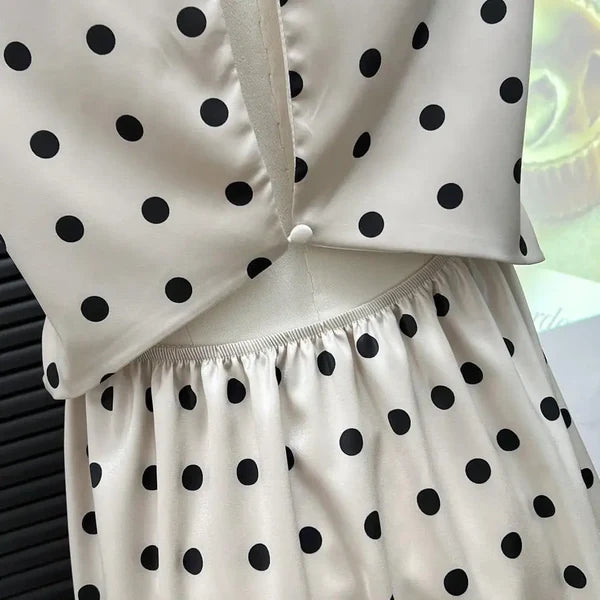 V Neck Short Sleeves Polka Dot Satin Lace Maxi Prom Dress for Women