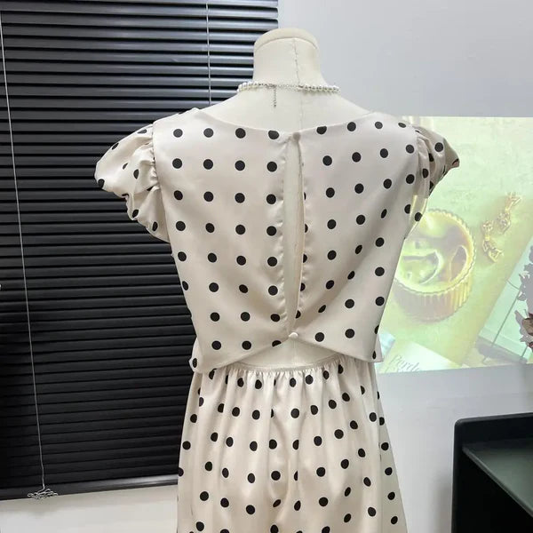 V Neck Short Sleeves Polka Dot Satin Lace Maxi Prom Dress for Women