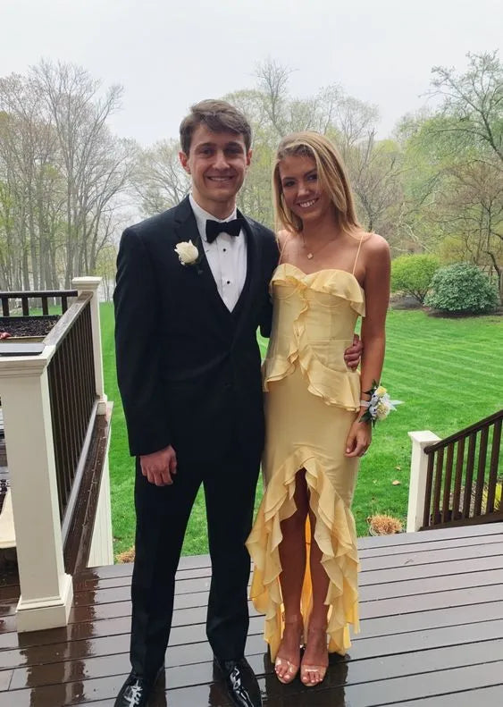 Vatinge Mermaid Spaghetti Strap Tiered Ruffled Yellow Floor-Length Prom Dress
