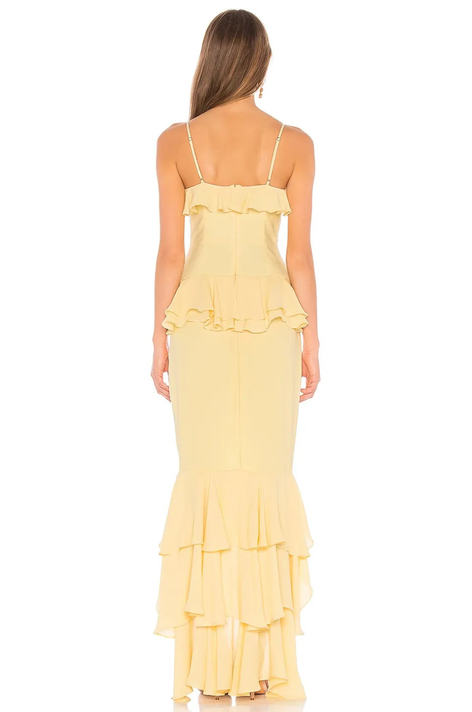 Vatinge Mermaid Spaghetti Strap Tiered Ruffled Yellow Floor-Length Prom Dress