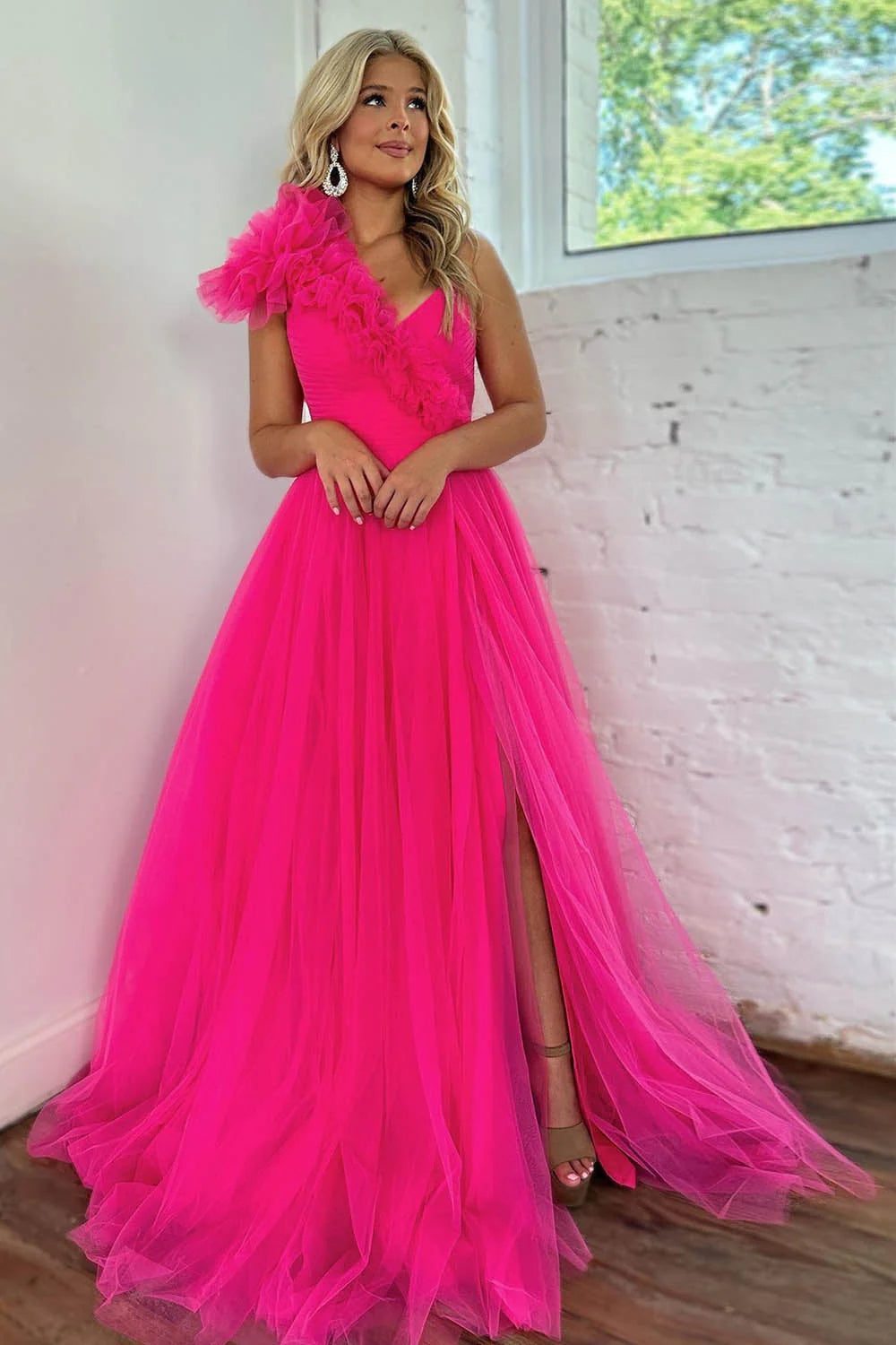 Hot pink A-line one-shoulder pleated tulle prom dress with a high split.
