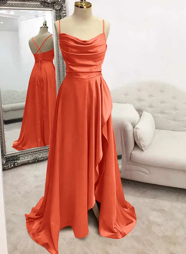 Vibrant A-Line Cowl Neck Spaghetti Strap Ruffle Satin Orange Floor-Length Prom Dress