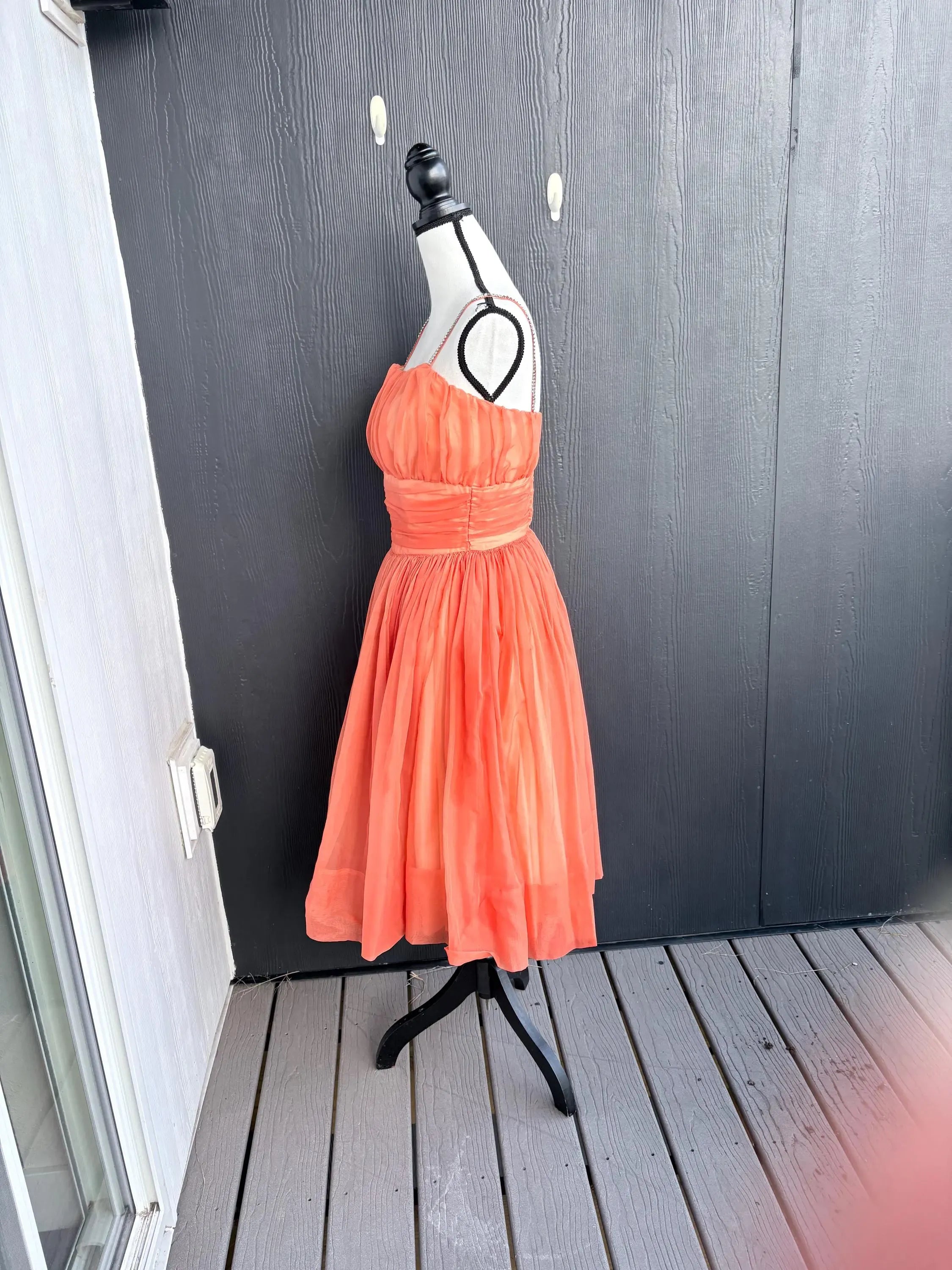 Vibrant A-Line Spaghetti Straps Rhinestone Ruched Orange Short Homecoming Dress