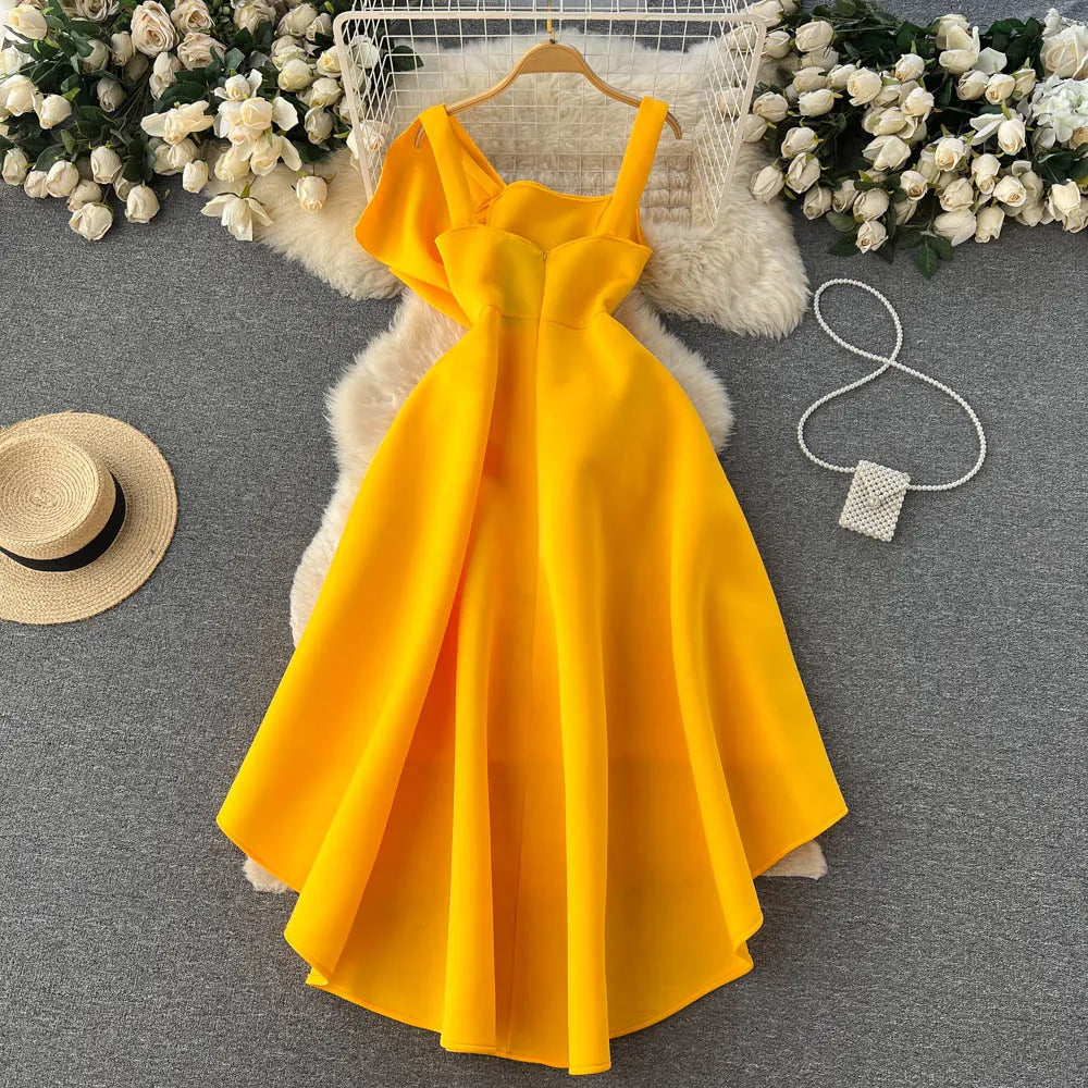 Vibrant A-Line Square-Neck Sleeveless Oversized-Bow Yellow Midi Evening Dress for Women