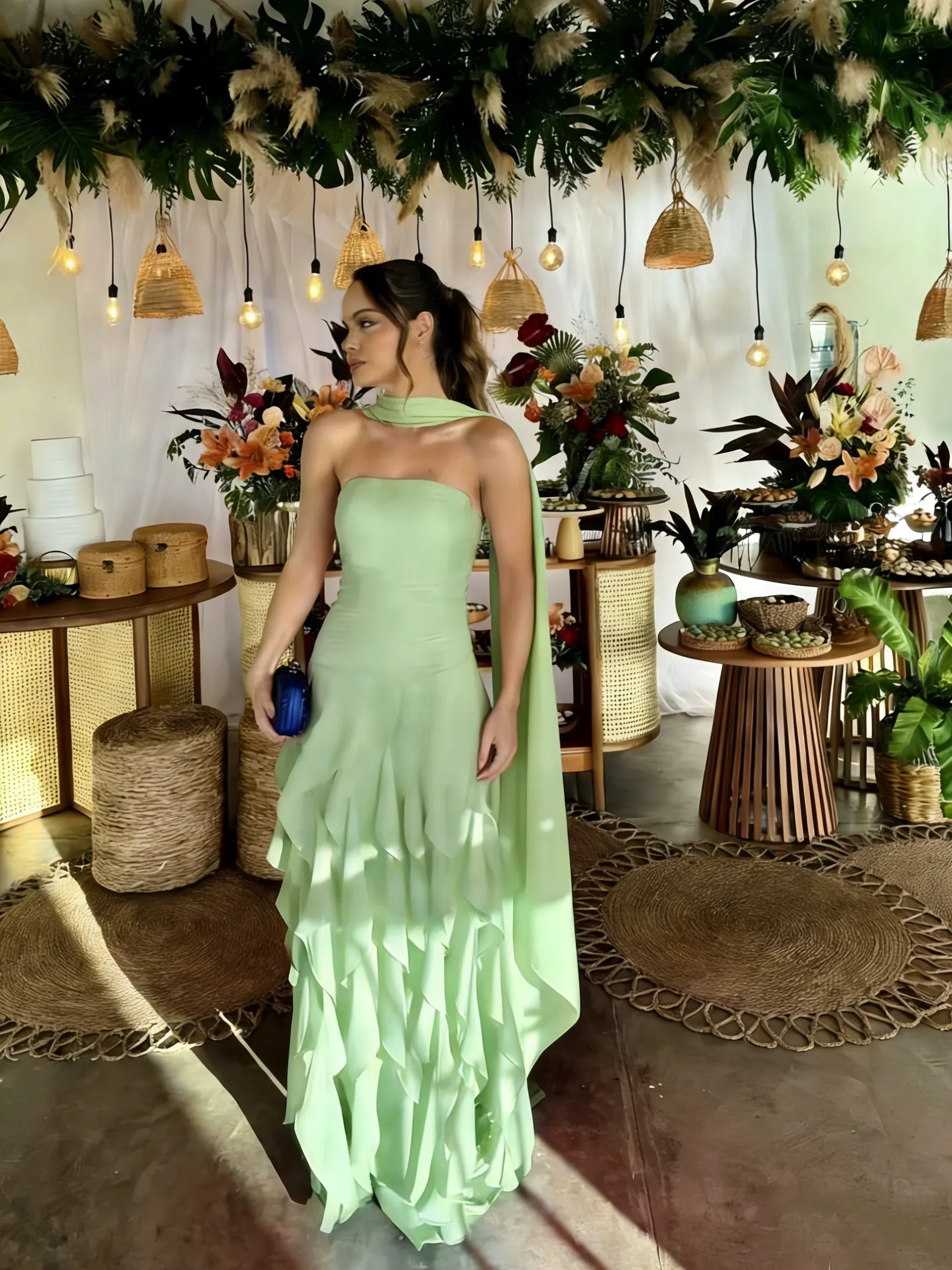 Vibrant A-Line Strapless Ruffled Hot Pink Maxi Prom Dress for Women ready to ship