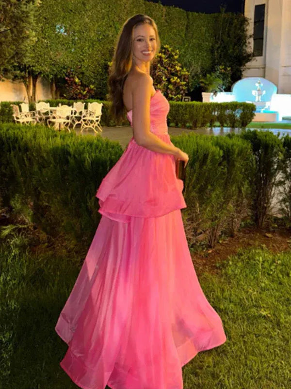 Vibrant A-Line Strapless Ruffled Hot Pink Maxi Prom Dress for Women ready to ship