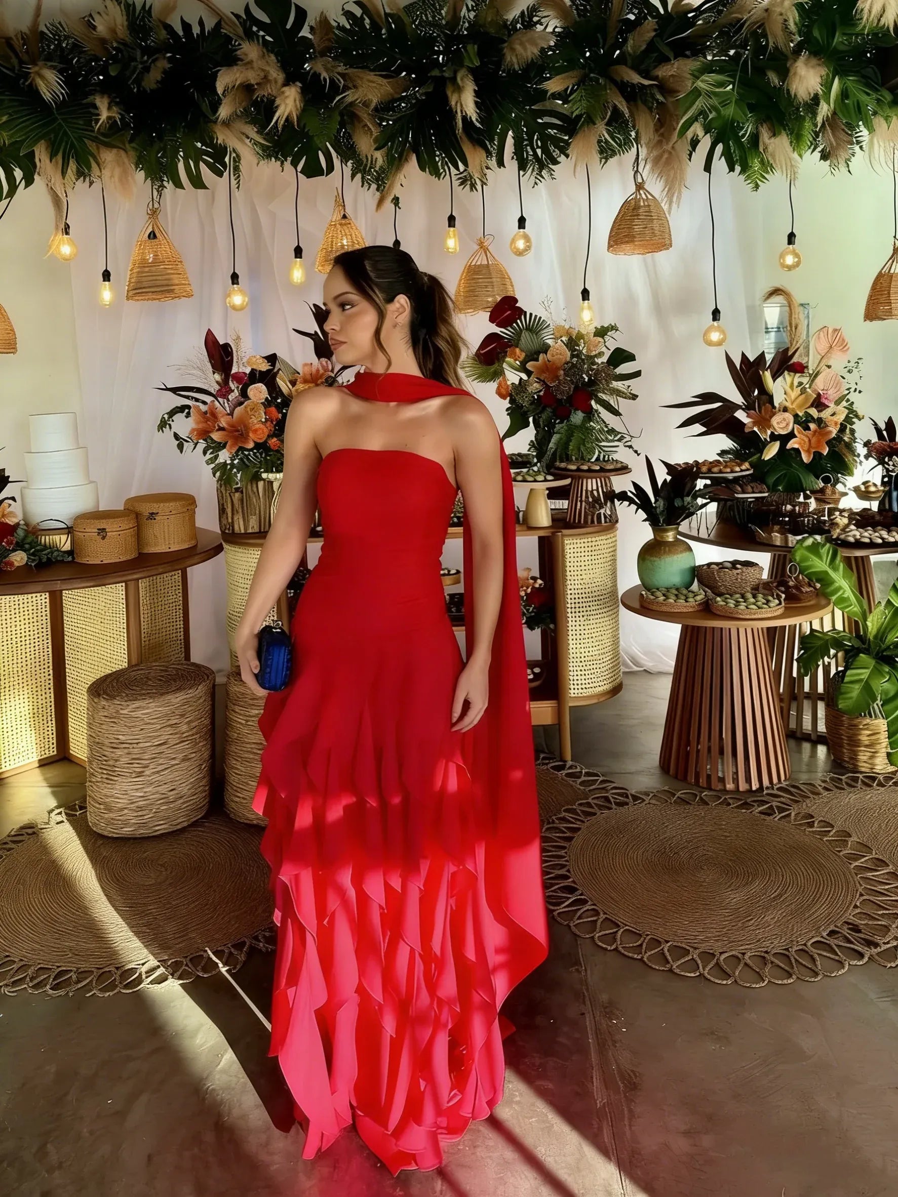 Vibrant A-Line Strapless Ruffled Hot Pink Maxi Prom Dress for Women ready to ship